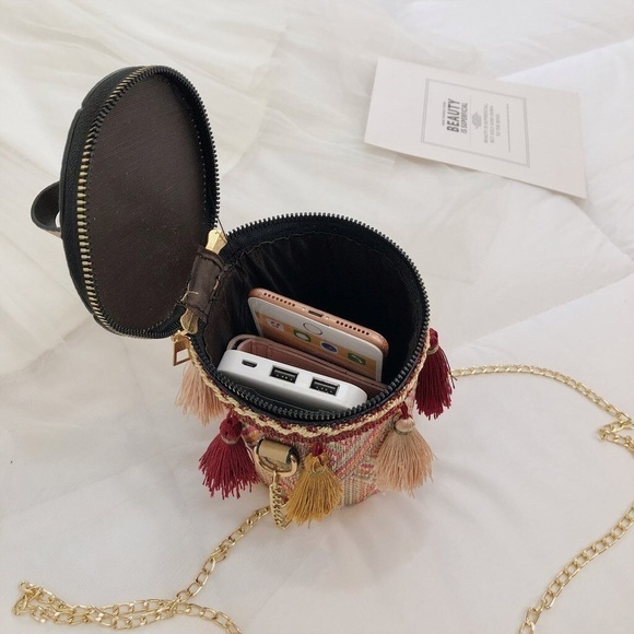 Cylindrical Woven Straw Bucket Crossbody Handbag/Shoul…Boho Chic Tassels - Picture 6 of 14